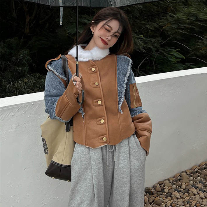 Splice Denim Lamb Fur Coat Women