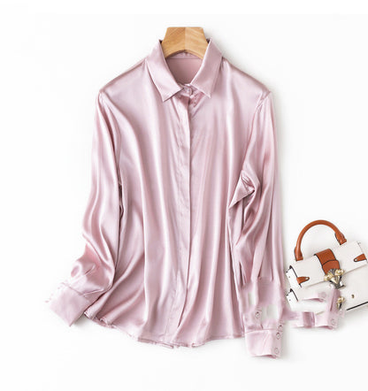 Silk Stretch Plain Crepe Satin Simple Light Luxury Long-sleeved Square Collar Shirt Female Commuter