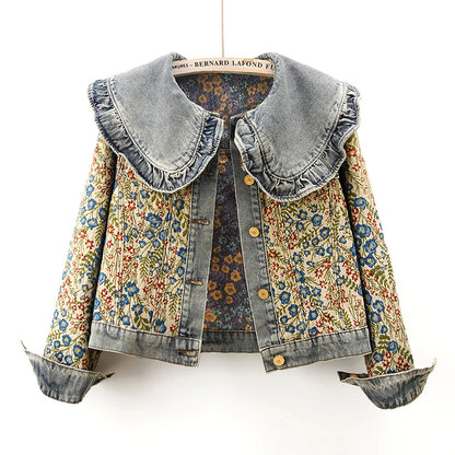 Spring New Super Nice Jacquard Long Sleeve Doll Collar Denim Coat For Women