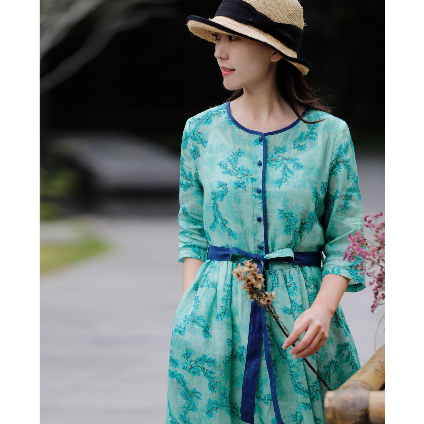 Summer New Cotton Linen Floral Ramie Dress Contrast Color Belt Slim Fit