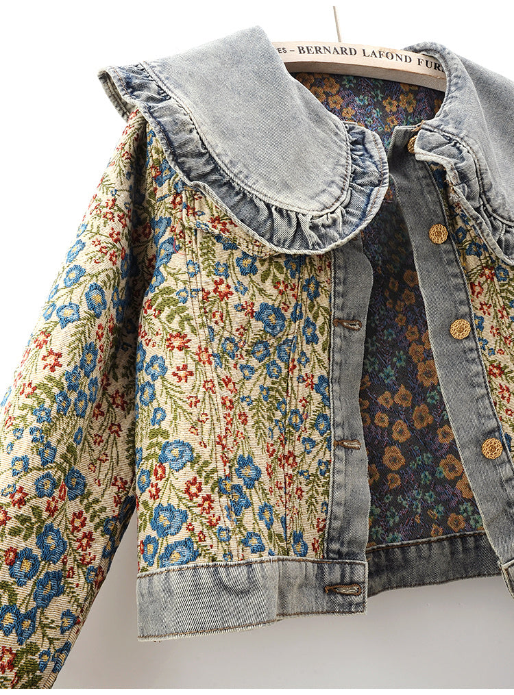 Spring New Super Nice Jacquard Long Sleeve Doll Collar Denim Coat For Women