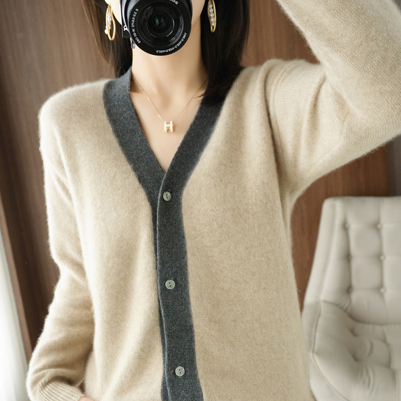 Colorblock V-neck Cashmere Knitted Cardigan Women