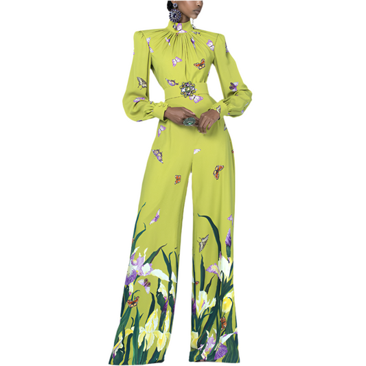 New Beaded Stand-up Collar Long-sleeved Shirt High-waist Straight-leg Printed Trousers Suit