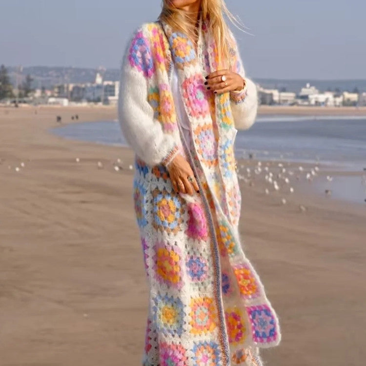 Contrasting Color Square Round Neck Sweater Coat