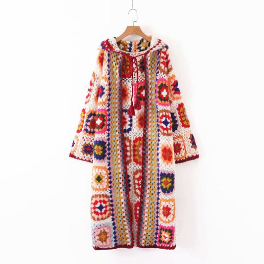 Women's handmade crochet lace up mid length hooded sweater coat
