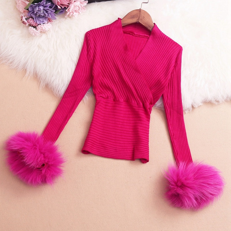 Furry Sleeves Cross V-neck Knit Sweater With Waist Waist Top Women