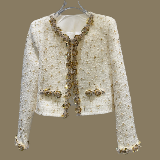 Golden Bright Piece Flower Beaded Edge Tweed Light Luxury Short Coat Top