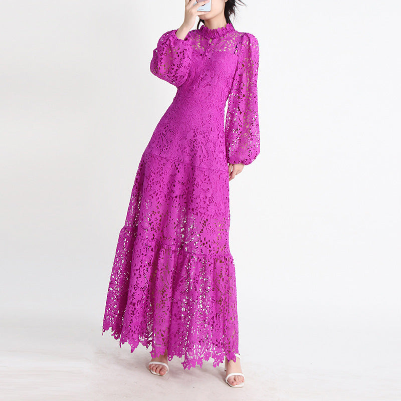 Women's Stand Collar Long Sleeve Waist Long Embroidery Hollow Dress