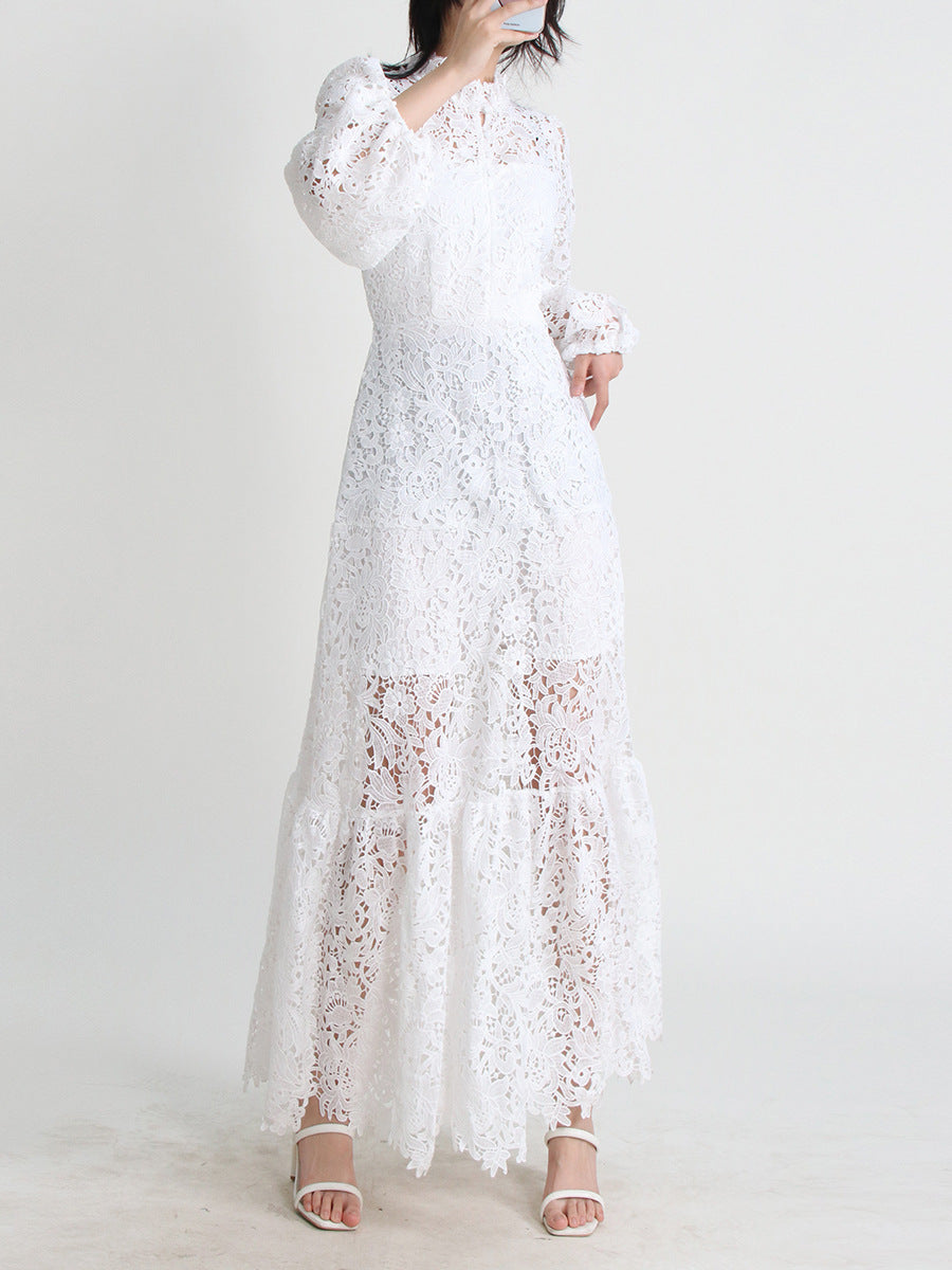 Women's Stand Collar Long Sleeve Waist Long Embroidery Hollow Dress