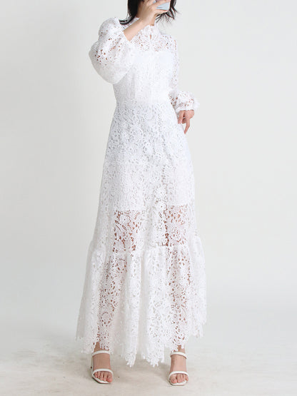 Women's Stand Collar Long Sleeve Waist Long Embroidery Hollow Dress