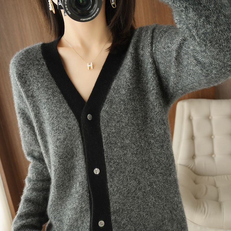 Colorblock V-neck Cashmere Knitted Cardigan Women