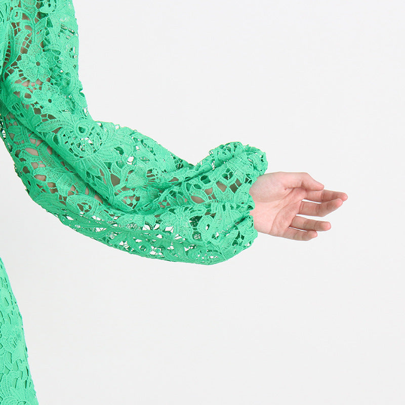 Women's Stand Collar Long Sleeve Waist Long Embroidery Hollow Dress