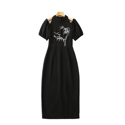 Stand Collar Embroidery Short Sleeve Dress Women