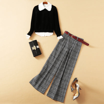 New Style Wooden Ear Shirt With Mohair Sweater And Plaid Wide-leg Pants Three-Piece Suit