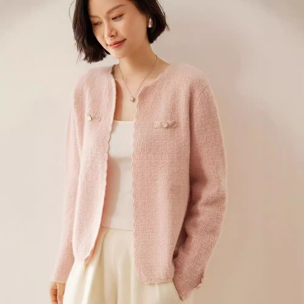 Women's Cashmere Cardigan Chanel Coat Loose Knitted Outerwear Round Neck Long Sleeve