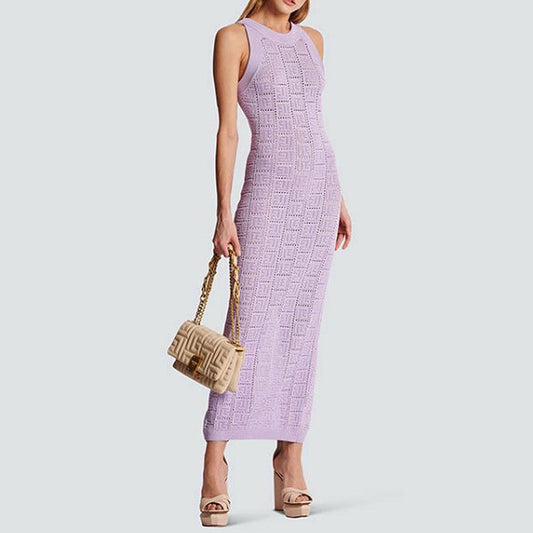 Long Sleeve Round Neck Hollow Out Knitwear Dress Vest