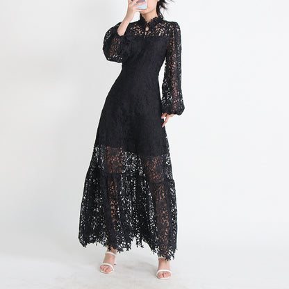 Women's Stand Collar Long Sleeve Waist Long Embroidery Hollow Dress