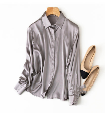 Silk Stretch Plain Crepe Satin Simple Light Luxury Long-sleeved Square Collar Shirt Female Commuter