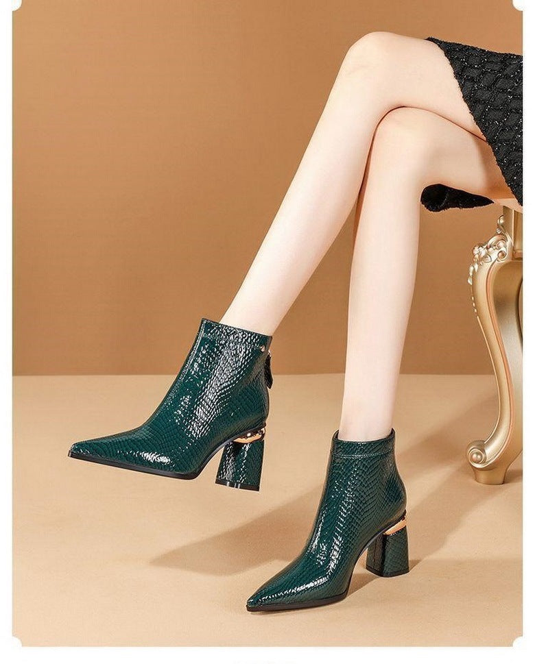 Autumn And Winter Pointed Toe Leather Ankle Boots Women's Thick Heel Zipper High Heels