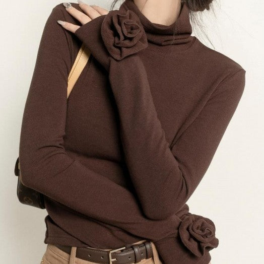 Brown Micro Velvet Lined Turtleneck Bottoming Shirt For Women