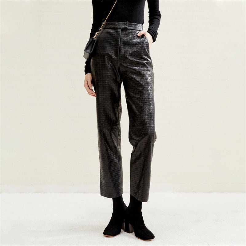 Pocket Embossing Design Sheepskin Straight Pants