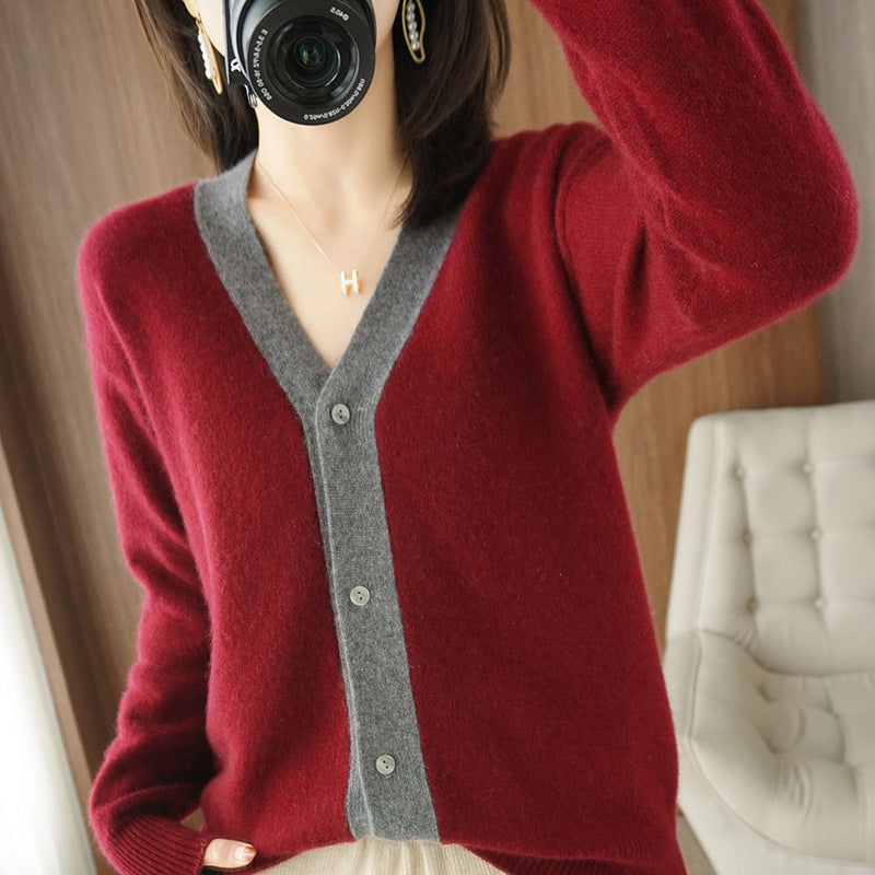 Colorblock V-neck Cashmere Knitted Cardigan Women