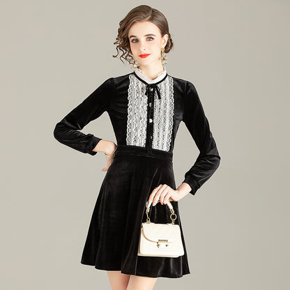 Ladies Autumn And Winter Lace Stitching Stand Collar Dress