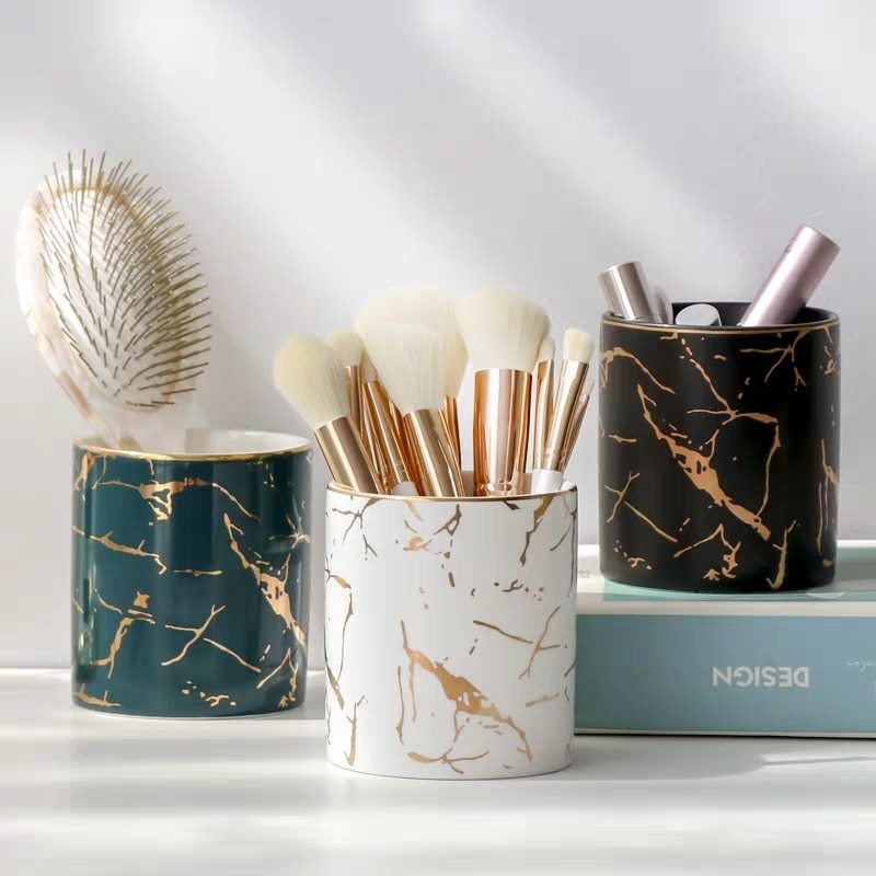 Marbled Lipstick Cup Makeup Brush Eyebrow Pencil Storage Bucket