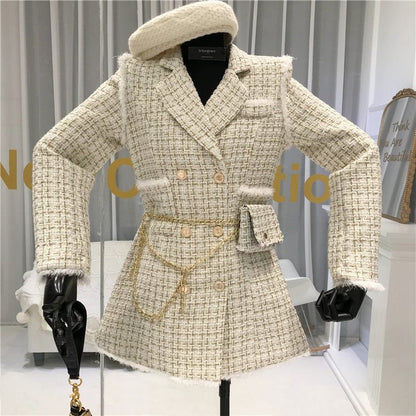 New Gold thread Plaid Suit Coat Women Notched Double breasted Feather Tassel Trim Slim Tweed Jacket With Free Belt bag