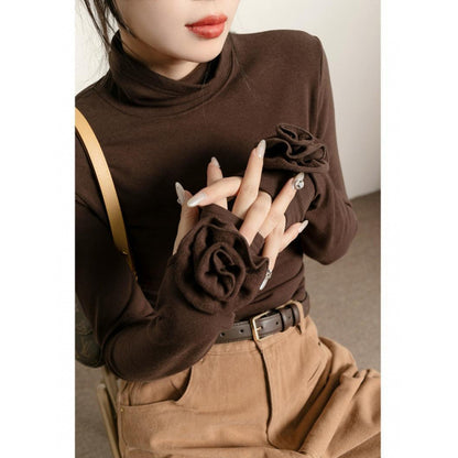 Brown Micro Velvet Lined Turtleneck Bottoming Shirt For Women