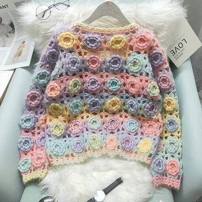 New Heavy Industry Manual Rose Crocheted Knitted Cardigan Sweater Coat For Women