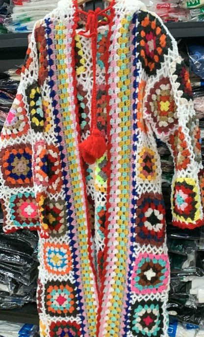 Women's handmade crochet lace up mid length hooded sweater coat