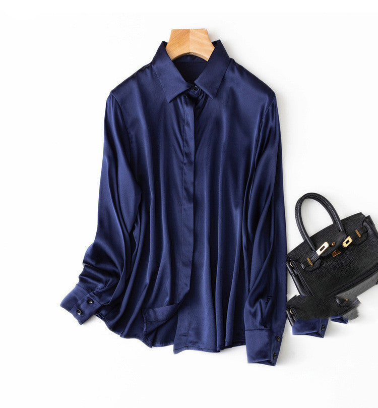 Silk Stretch Plain Crepe Satin Simple Light Luxury Long-sleeved Square Collar Shirt Female Commuter