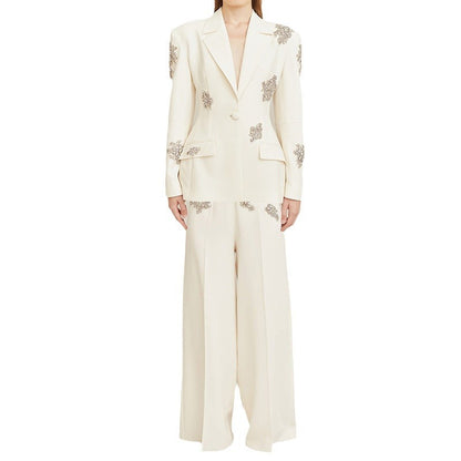 New Diamond-embedded One Button Suit Coat Wide-leg Pants Suit Two Pieces