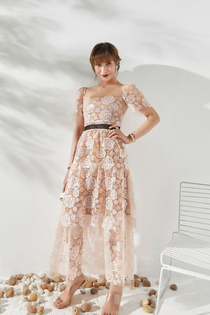 Rose Lace Hollow Embroidered Short Sleeve Dress Women