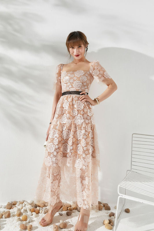 Rose Lace Hollow Embroidered Short Sleeve Dress Women