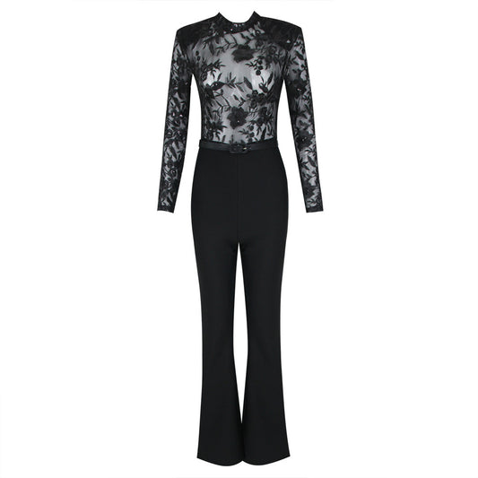 Fashionable See-through Lace Bandage Long-sleeved Trousers Women's Evening Dress Jumpsuit