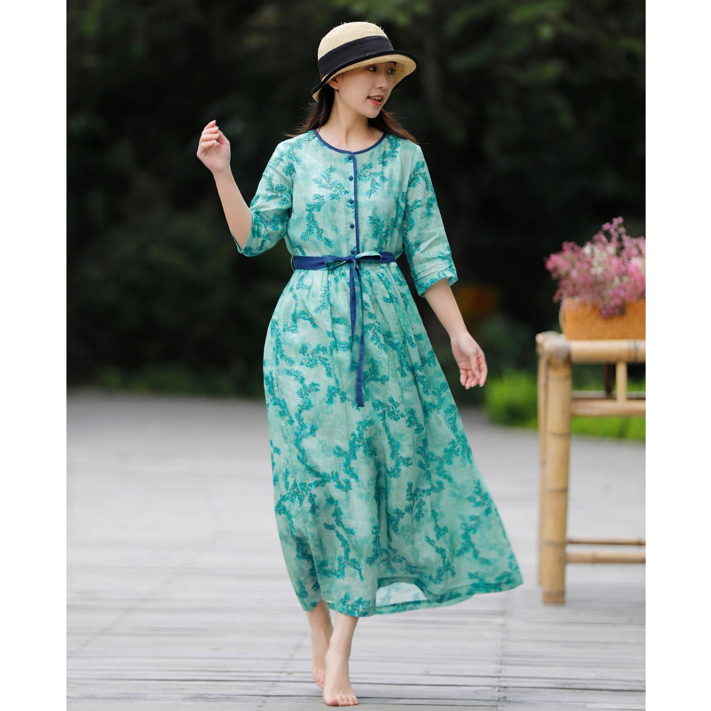 Summer New Cotton Linen Floral Ramie Dress Contrast Color Belt Slim Fit