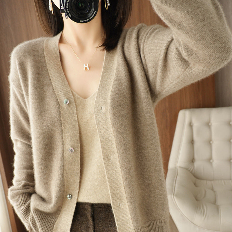 Colorblock V-neck Cashmere Knitted Cardigan Women