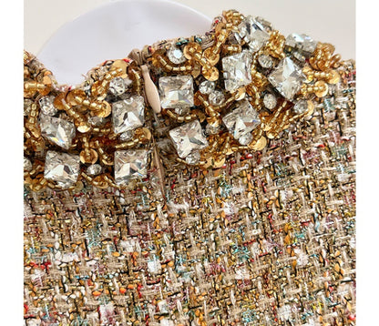 Classic Style Tweed Rhinestone Lace Sleeveless Vest Dress