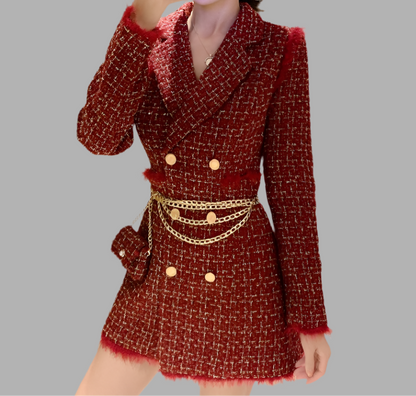 New Gold thread Plaid Suit Coat Women Notched Double breasted Feather Tassel Trim Slim Tweed Jacket With Free Belt bag