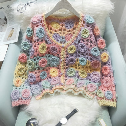 New Heavy Industry Manual Rose Crocheted Knitted Cardigan Sweater Coat For Women