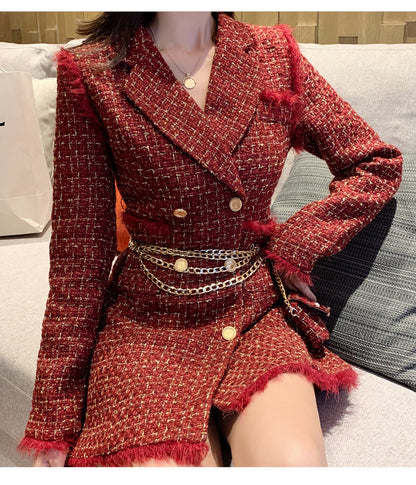 New Gold thread Plaid Suit Coat Women Notched Double breasted Feather Tassel Trim Slim Tweed Jacket With Free Belt bag