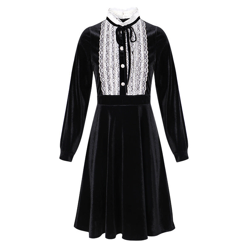 Ladies Autumn And Winter Lace Stitching Stand Collar Dress