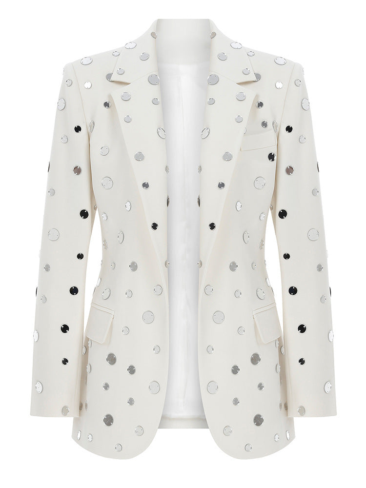 Round Mirror Beaded One Button Suit Jacket Coat