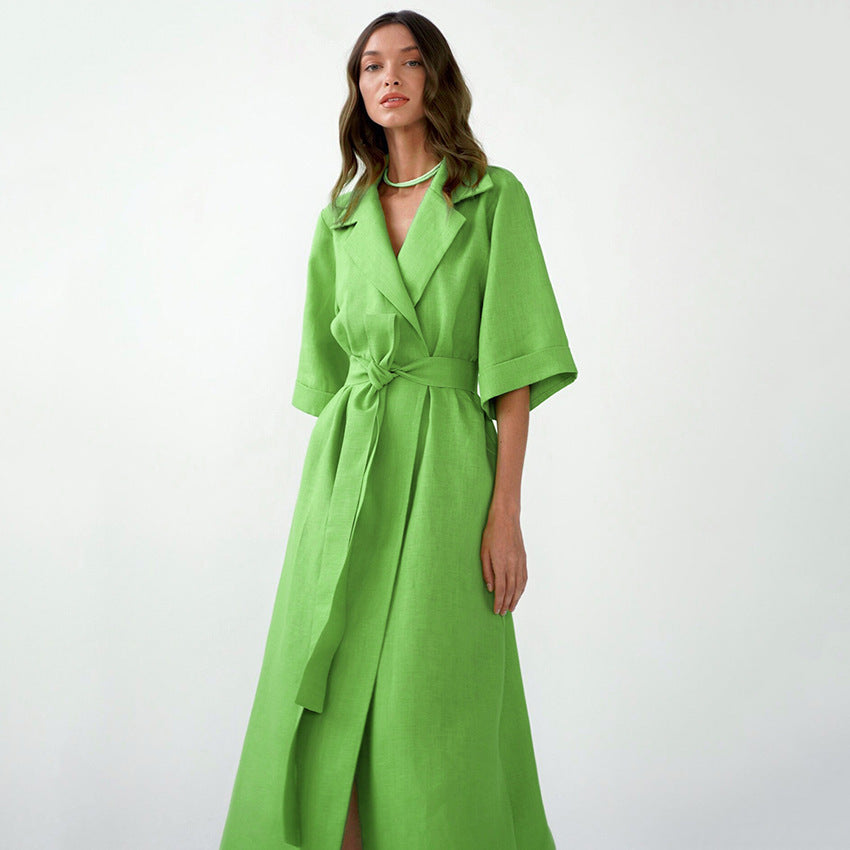 European American Summer New Fashion Casual Women's Solid Color Slit Design A- Line Skirt Tailored Collar Dress