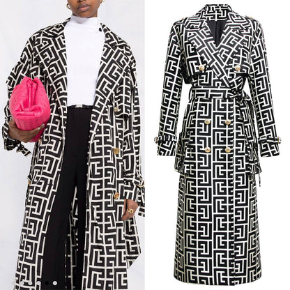 Printed Medium-long Black Trench Coat