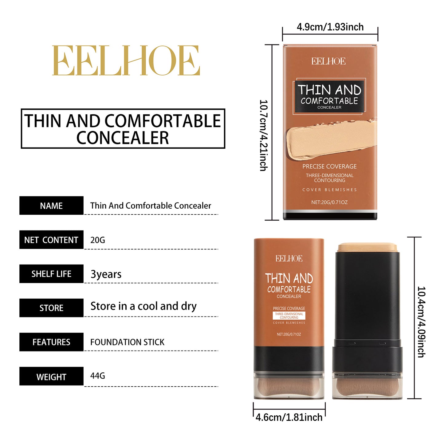 Full-Coverage Foundation and Concealer Stick With Brush, Perfect For All Skin Types