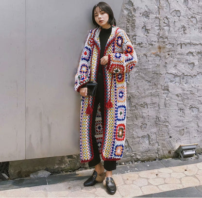 Women's handmade crochet lace up mid length hooded sweater coat