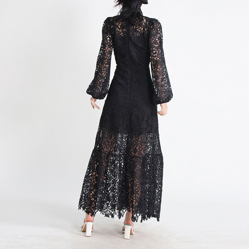 Women's Stand Collar Long Sleeve Waist Long Embroidery Hollow Dress
